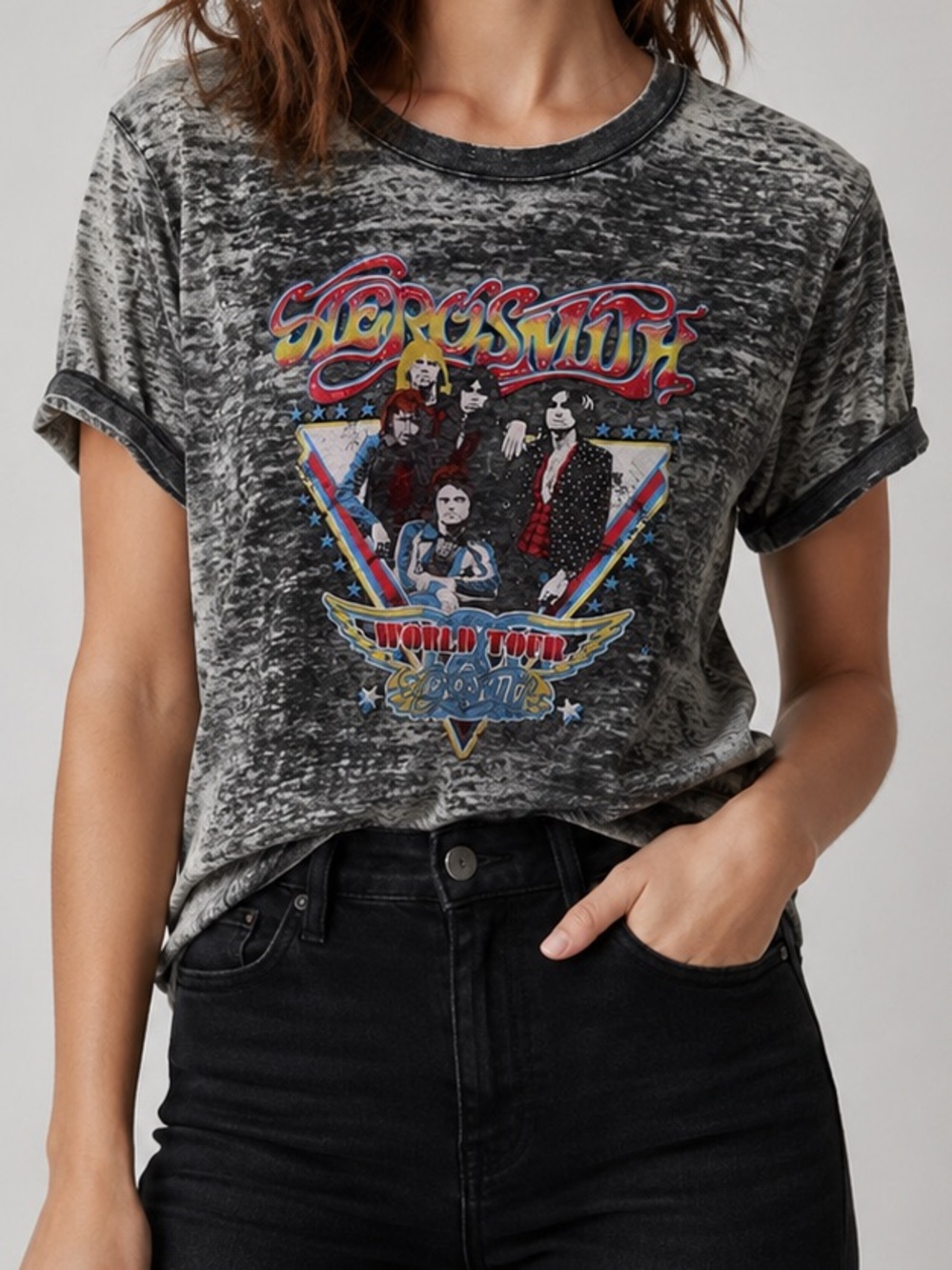 Aerosmith Graphic Band Tee Gray Distressed Burnout